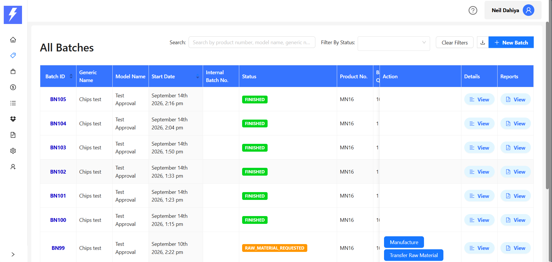 RapidFacto all batches screen with batch status, product number and actions