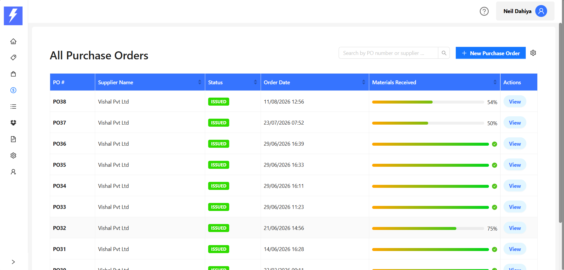 RapidFacto purchase orders screen with supplier, status and materials received